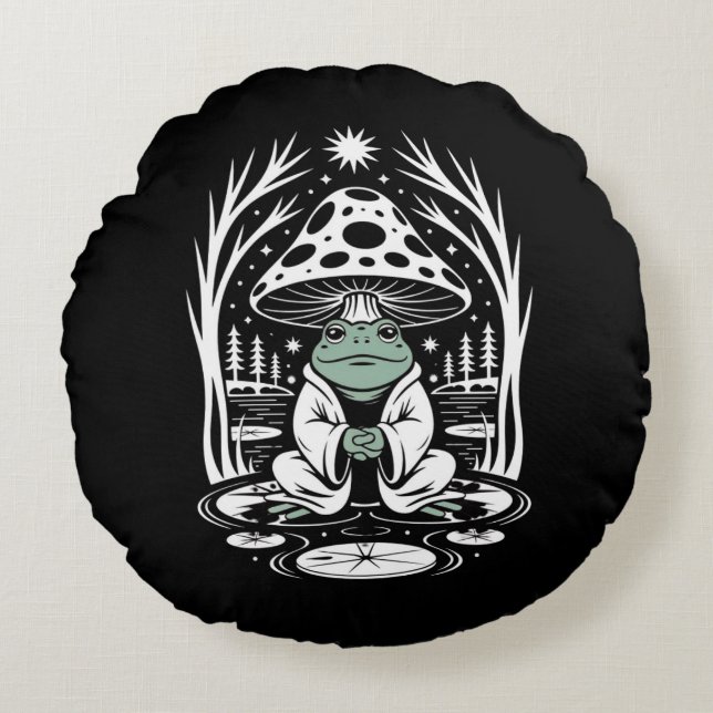 Zen Frog Under Mushroom– Meditating Frog Nature  Round Cushion (Front)