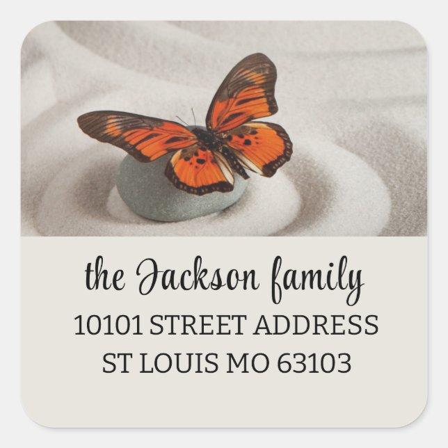 Zen Garden Monarch Butterfly Return Address Square Sticker (Front)