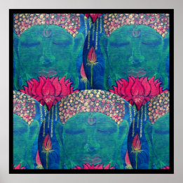 Zen Green Buddha Face Red Lotus Spiritual Poster