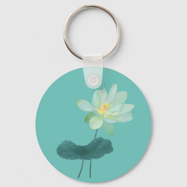 Zen Green Lotus Flower Asian Inspired  Magnet Key Ring (Front)