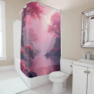 Zen landscape in flamingo pink shower curtain