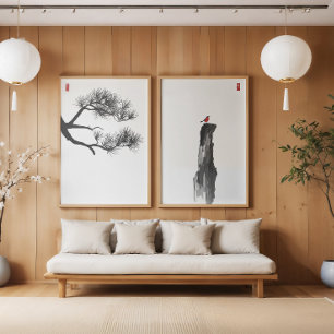 Zen Minimalist Ink Art Set — Pine & Lone Bird