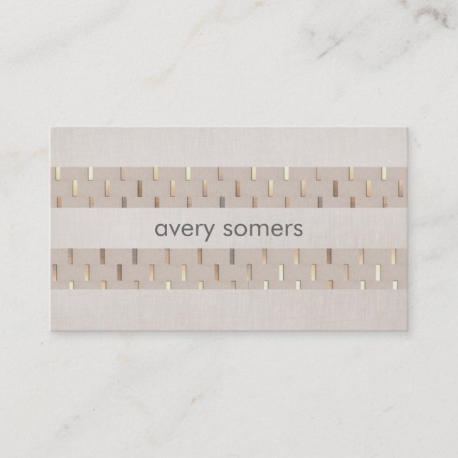 Zen Minimalist Striped Faux Beige Linen and Gold Business Card (Front)