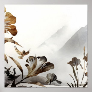 Zen Misty Mountain Birds Minimalist Nature Poster