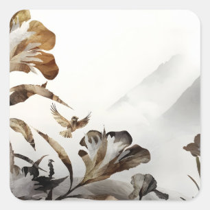 Zen Misty Mountain Birds Minimalist Nature Square Sticker