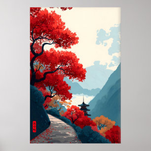 Zen Mountain Poster Red Leaf Trees, Minimalist