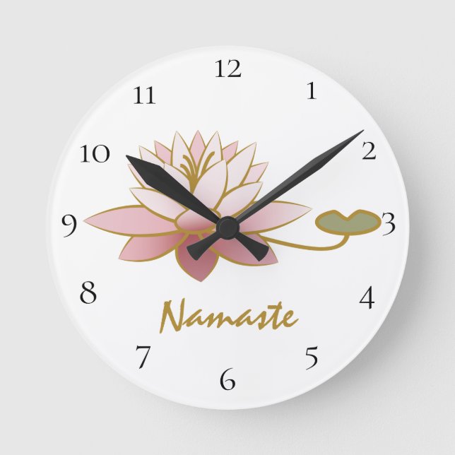 *~* Zen Namaste Pink Lotus Flower Spiritual White Round Clock (Front)