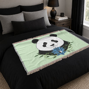 Zen Panda Bear Blue Lotus Yin Yang Green Throw Blanket