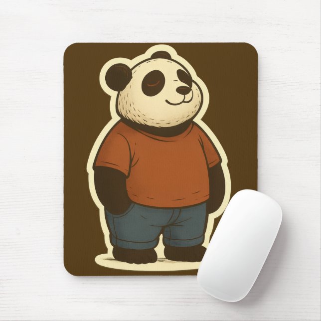 Zen Panda Sticker – Relaxed Cartoon Bear in Casual Mouse Mat (With Mouse)