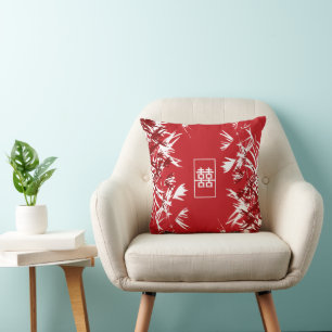 Zen Red Bamboo Leaves Modern Chic Double Happiness Cushion