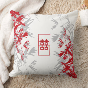 Zen Red Grey Bamboo Leaves Modern Double Happiness Cushion