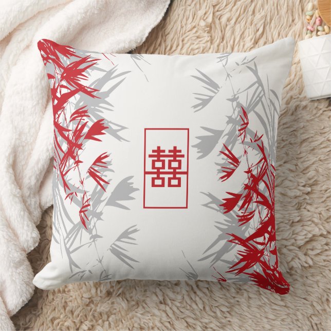 Zen Red Grey Bamboo Leaves Modern Double Happiness Cushion (Blanket)