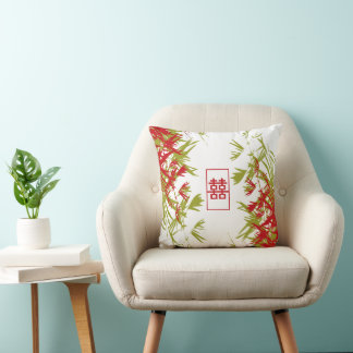 Zen Red Jade Bamboo Leaves Modern Double Happiness Cushion