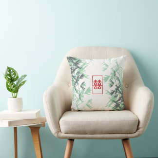 Zen Red Mint Bamboo Leaves Modern Double Happiness Cushion