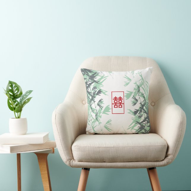 Zen Red Mint Bamboo Leaves Modern Double Happiness Cushion (Chair)