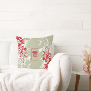 Zen Red Moss Bamboo Leaves Modern Double Happiness Cushion