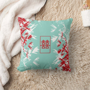 Zen Red Turquoise Bamboo Leaves Double Happiness Cushion