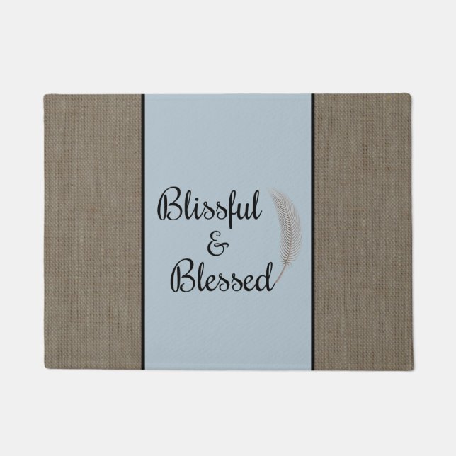 Zen rustic angel feather blue burlap print doormat (Front)