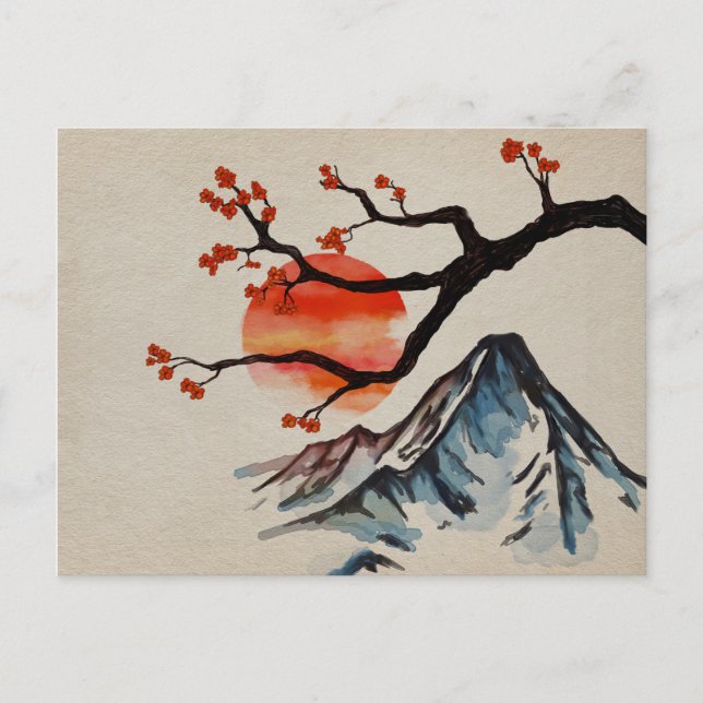 Zen Serenity Landscape - Sakura Mountain Sunset Postcard (Front)