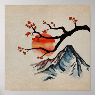Zen Serenity Landscape - Sakura Mountain Sunset Poster