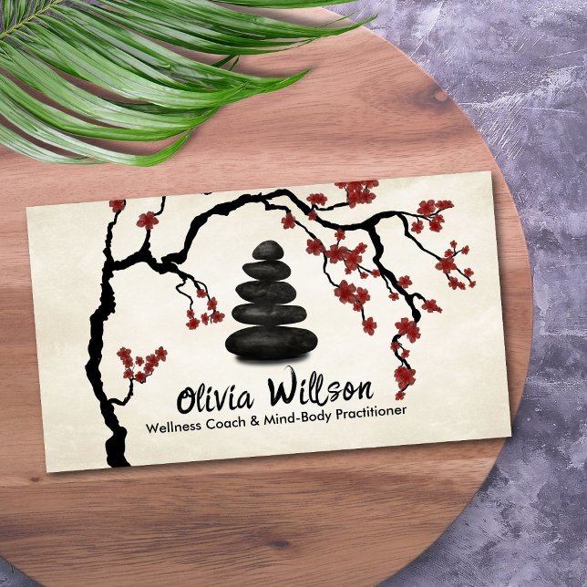 Zen stones Sakura Tree Red Blossom Business Card (Creator Uploaded)