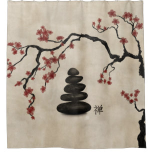 Zen stones Sakura Tree Shower Curtain