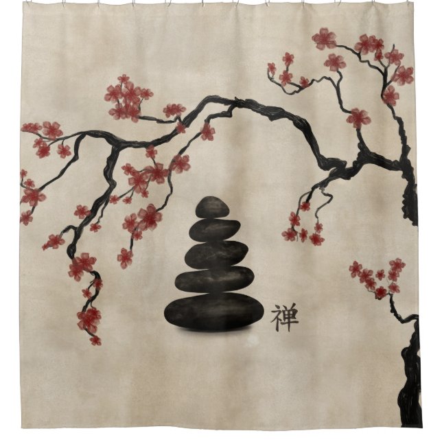 Zen stones Sakura Tree Shower Curtain (Front)
