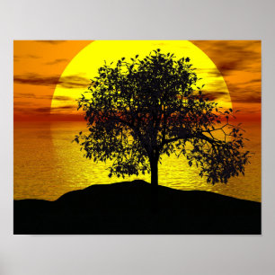 Zen Tree Sunset Orange Yellow Ocean Love Peaceful Poster