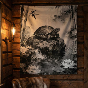 Zen Turtle Tapestry   Lotus Pond Ink Art 