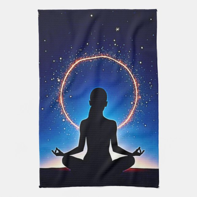 Zen Under Stars: Cosmic Meditation Tea Towel (Vertical)