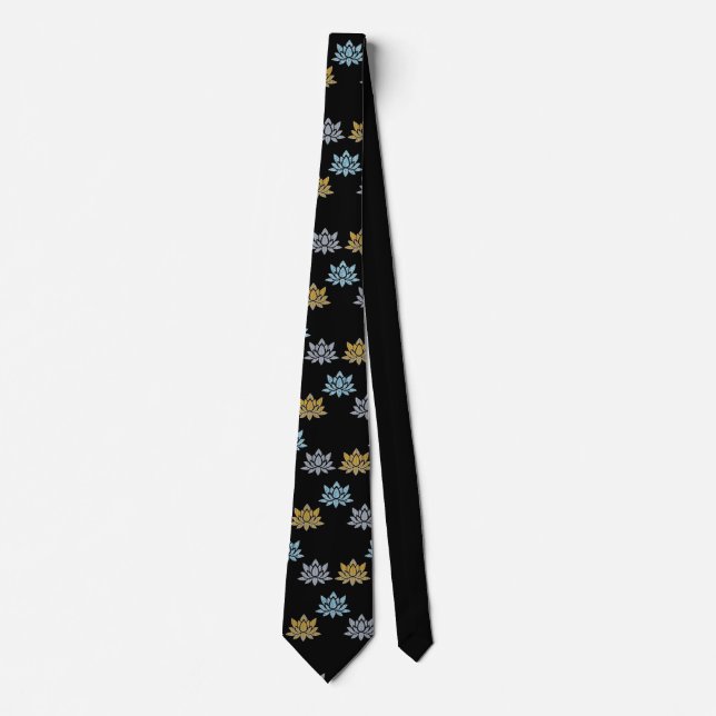 Zen Yoga Lotus Flower Blue Grey Gold Tie (Front)