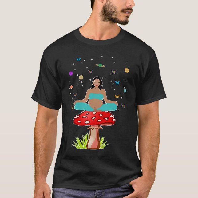 Zen Yoga Meditation Pregnant Women Mushroom Buddha T-Shirt (Front)
