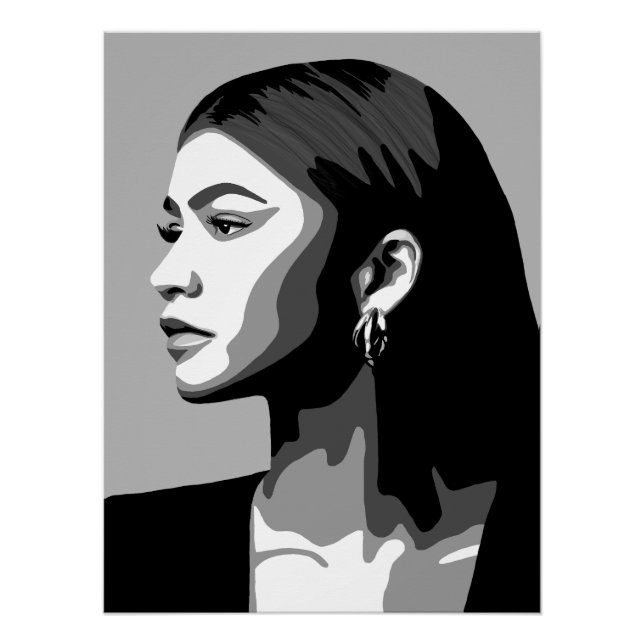 Zendaya | Black & White Portrait Profile Painting Poster (Front)