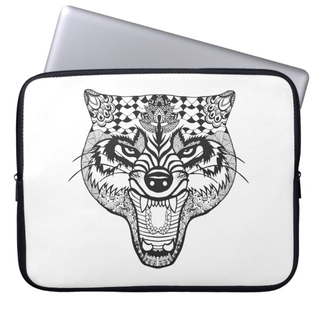 Zentangle Inspired Wolf Laptop Sleeve (Front)