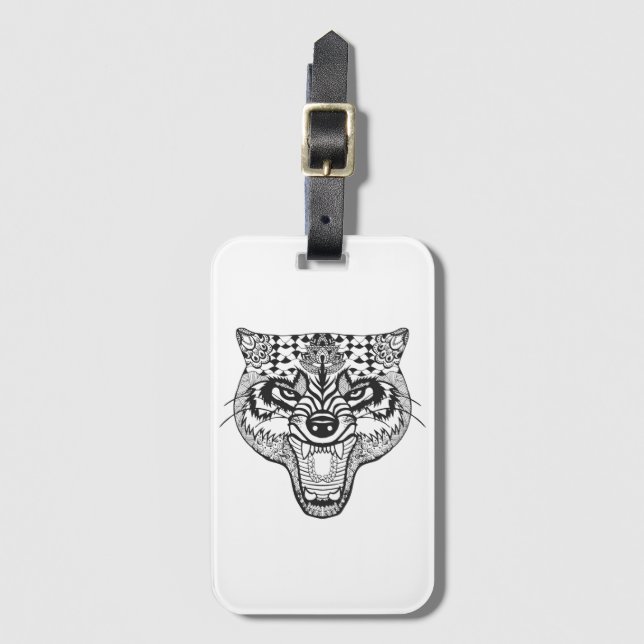 Zentangle Inspired Wolf Luggage Tag (Front Vertical)