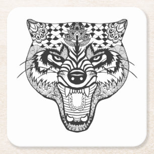 Zentangle Inspired Wolf Square Paper Coaster