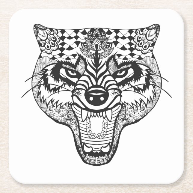 Zentangle Inspired Wolf Square Paper Coaster (Front)