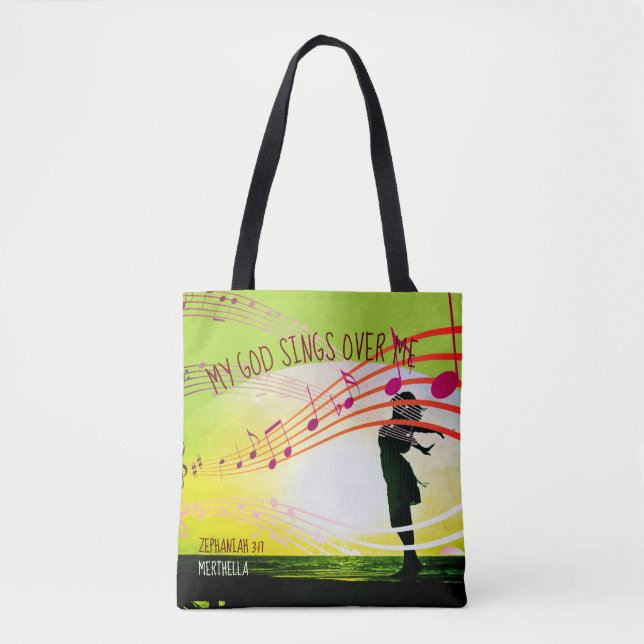 Zephaniah 3:17 GOD SINGS OVER ME Green Christian Tote Bag (Front)