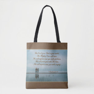 Zephaniah 3:17 Rejoice over you with singing. Tote Bag