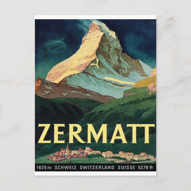 Zermatt, mountain peak,Switzerland, vintage,travel Postcard (Front)
