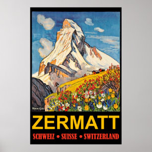 Zermatt, mountain peak, Switzerland vintage travel Poster