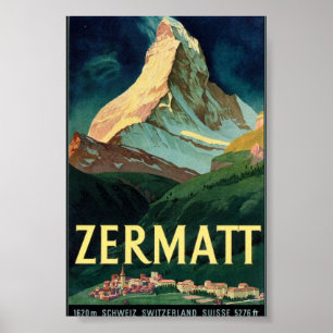 Zermatt Mountain, Switzerland, Vintage, Advert Poster