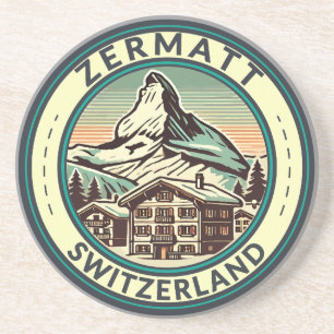 Zermatt Switzerland Illustration Travel Art Badge Coaster