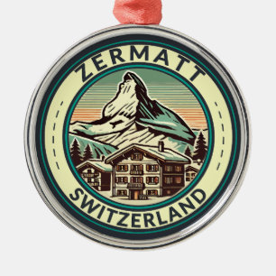 Zermatt Switzerland Illustration Travel Art Badge Metal Tree Decoration