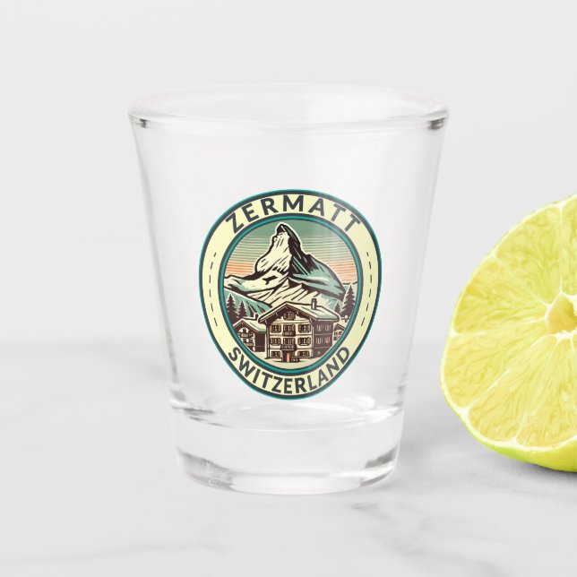 Zermatt Switzerland Illustration Travel Art Badge Shot Glass (Front)