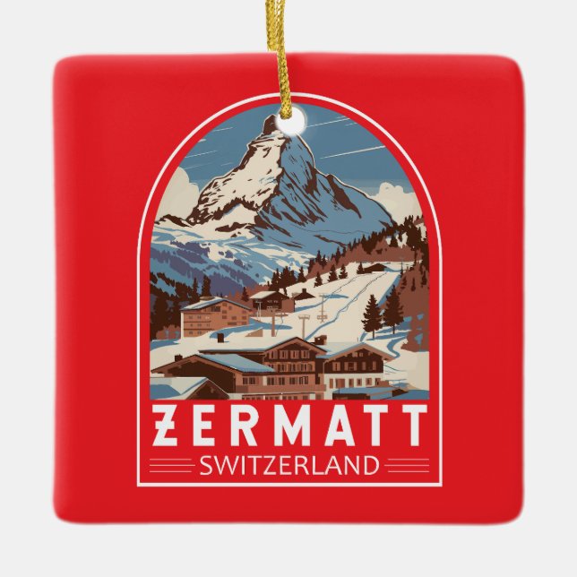 Zermatt Switzerland Illustration Travel Art Retro Ceramic Ornament (Front)