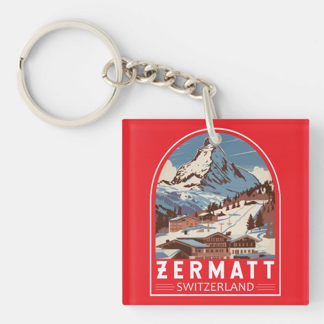 Zermatt Switzerland Illustration Travel Art Retro Key Ring (Front)