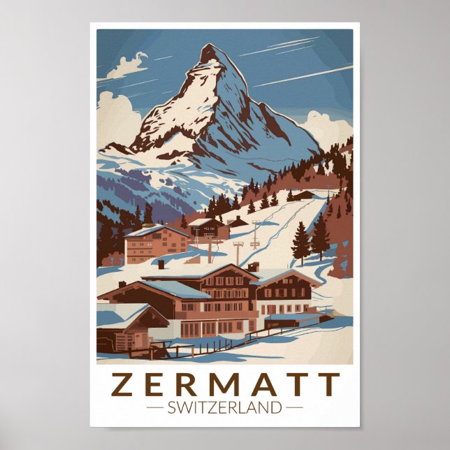 Zermatt Switzerland Illustration Travel Art Retro Poster (Front)