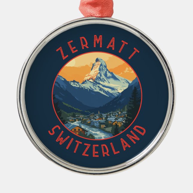 Zermatt Switzerland Retro Distressed Circle Metal Tree Decoration (Front)