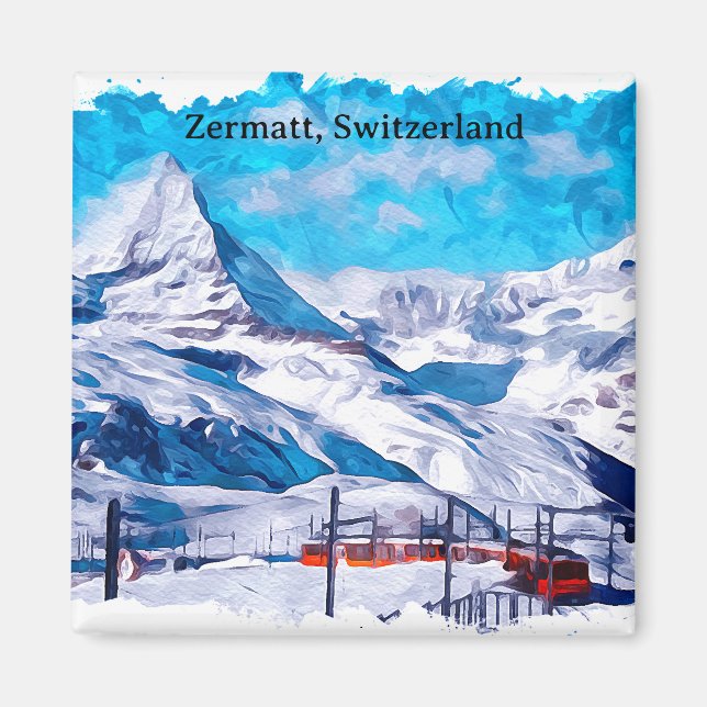 Zermatt Switzerland Swiss Alps Winter Watercolor Magnet (Front)